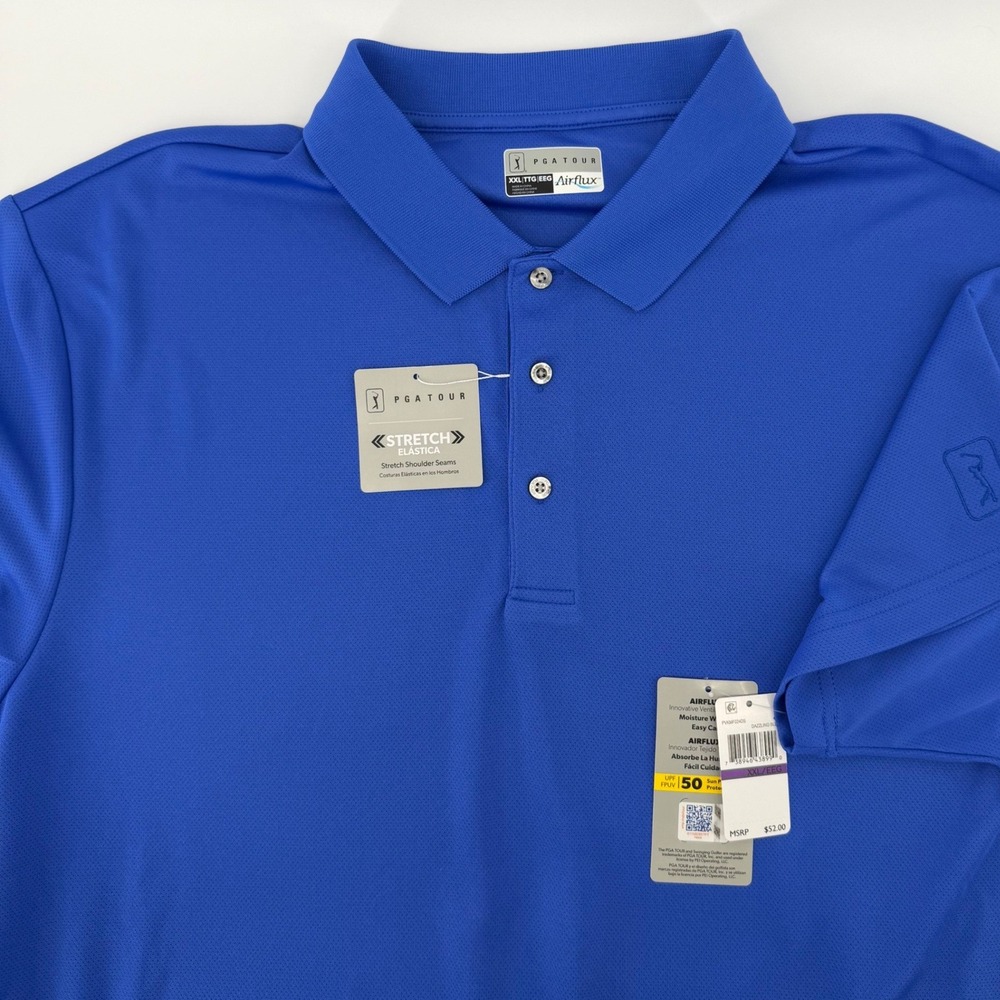 PGA Tour Polo Mens XXL Blue Airflux Short Sleeve Golf‎ Shirt PVKMF024DS Stretch